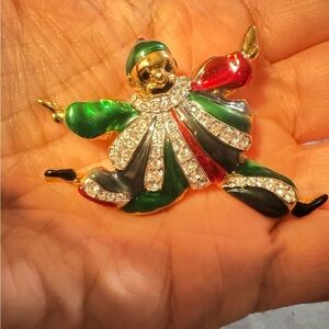 Vintage Puccini Clown Brooch Enamel Rhinestone Pin Signed Red Green Gold